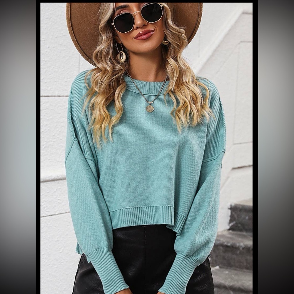 LILY TEAL BLUE WOMEN RIBBED HEM FITTED SLEEVE KNIT JUMPER TOP